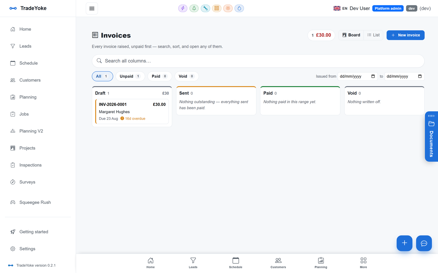 TradeYoke invoices board: draft, sent, paid and void