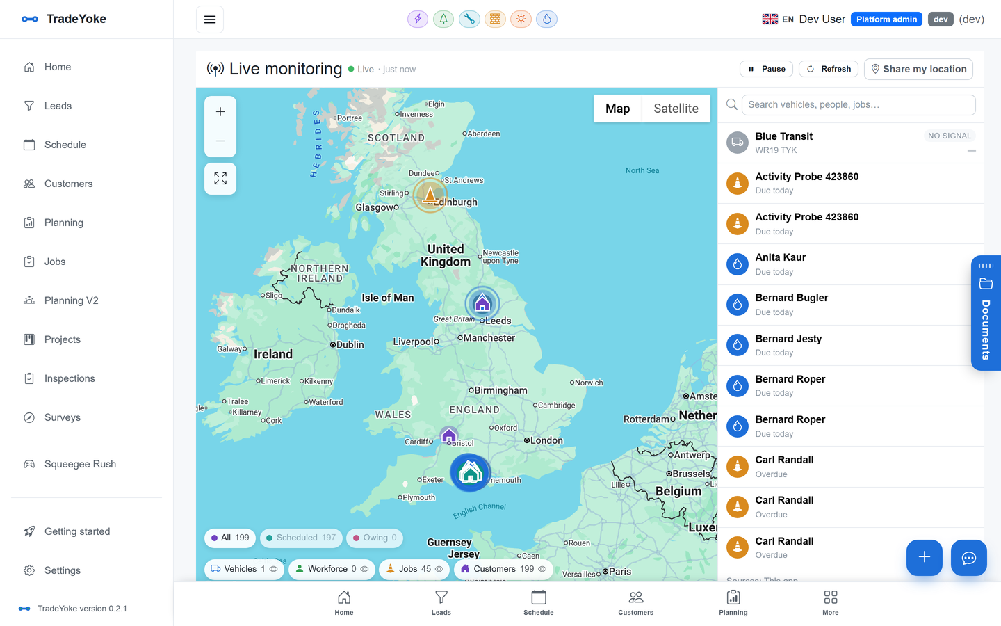 TradeYoke live monitoring map showing customers, jobs, vehicles and the team